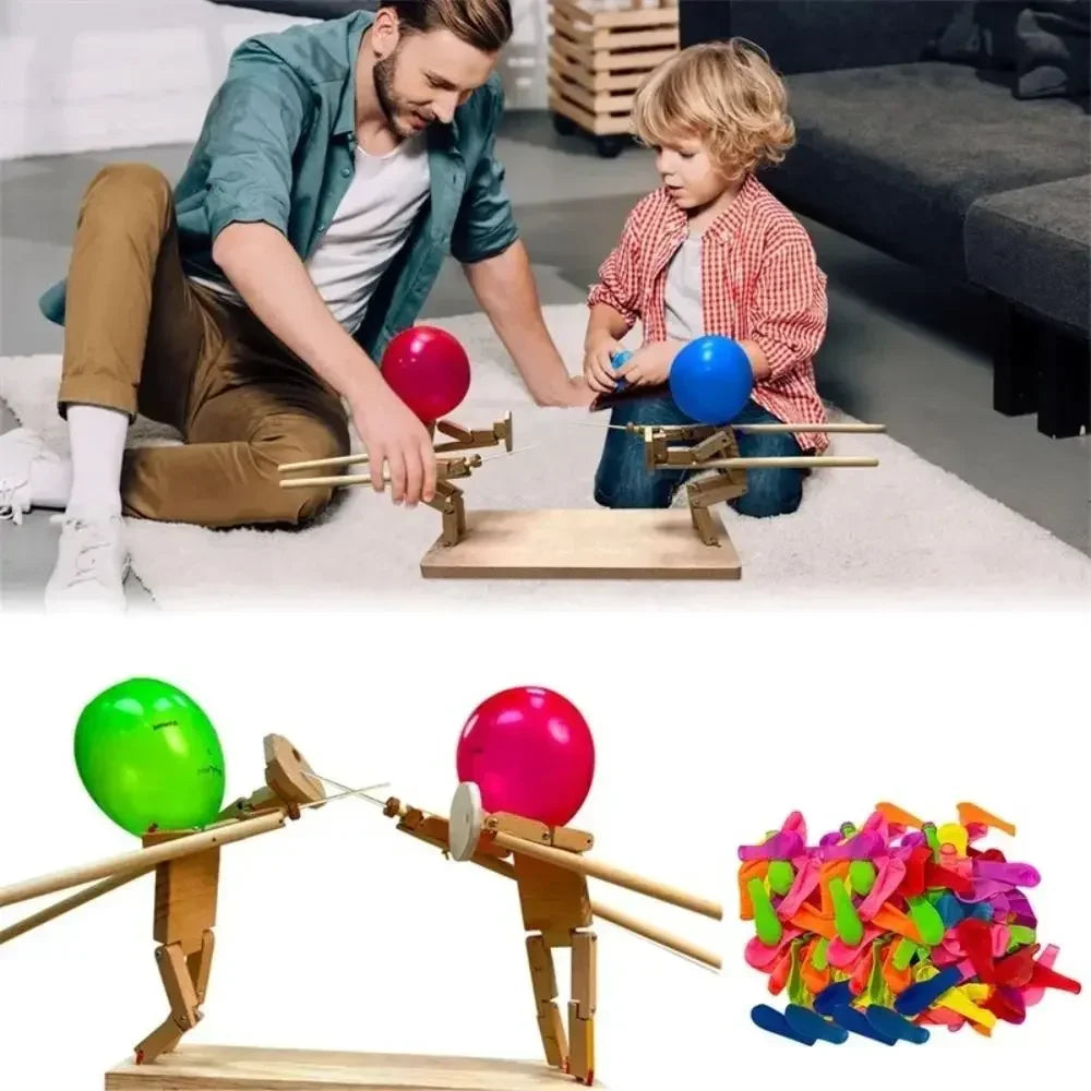 Fun Balloon Bamboo Man Battle Handmade Wooden Fencing Puppets Wooden Bots Battle Game Whack A Balloon For Party Home Decoration