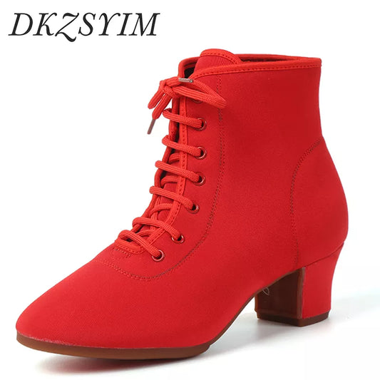 DKZSYIM New Women Ballroom Latin Dance Shoes Jazz Modern Dance Shoes Lace Up Dancing Boots Red Black Sports Dancing Sneakers